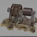 Rusty Industrial Machinery With Vintage Gear And Drum Surrounded By Stones And Dry Grass