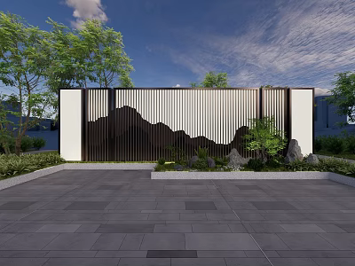 Modern Scenic Wall With Mountain Pattern Design And Green Plants In Courtyard 3d model