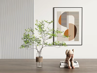 Modern Interior Decorative Ornament Set Featuring Green Plant Vase Cute Figurine And Geometric Wall Art 3d model