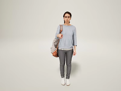Woman In Striped Top Gray Pants And White Shoes With Striped Bag On Light Background 3d model