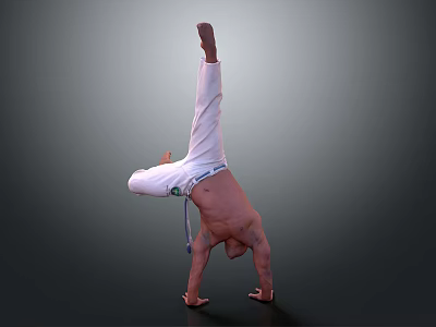 Man shirtless performing handstand in white pants with legs extended upward 3d model