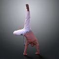 Man shirtless performing handstand in white pants with legs extended upward