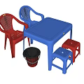 Kids Dining Table Set With Blue Table Red And Blue Chairs And Stools 3d model