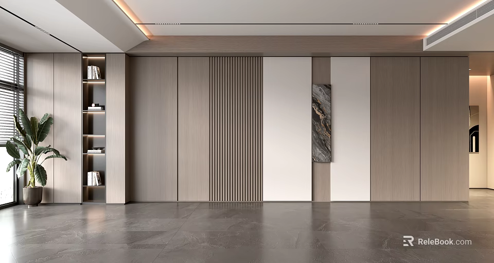 Modern Sofa Background Wall Design With Wooden Vertical Slats Panels Bookshelf And Artwork 3d model 