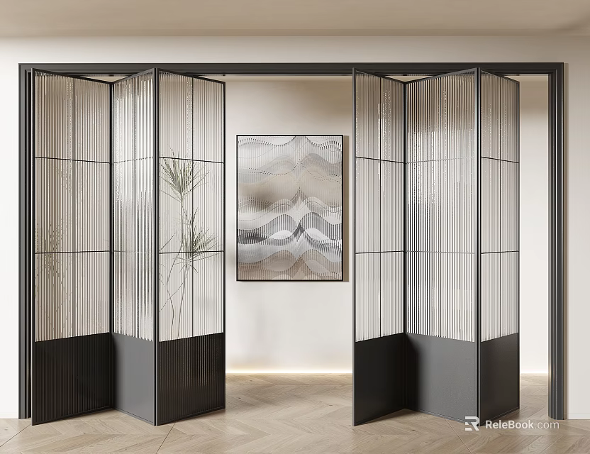 Modern Folding Doors With Glass Panels And Metal Frames In Interior Space 3d model 