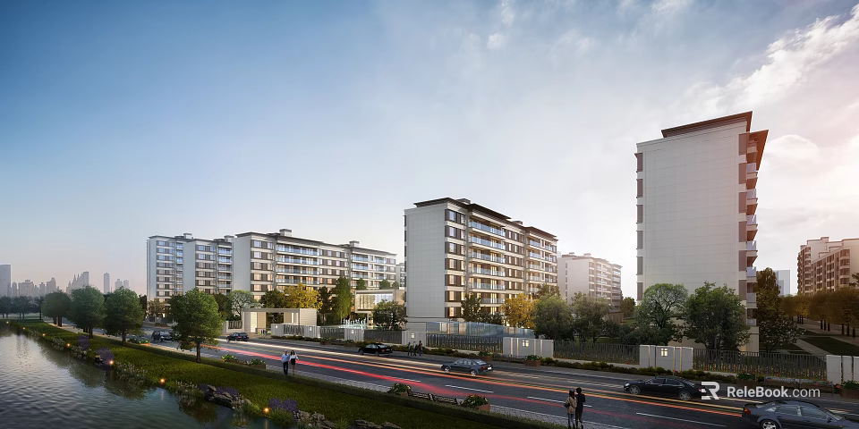 Modern Multi storey Residential Buildings Surrounded By Trees Near Road With Vehicles And Pedestrians 3d model 