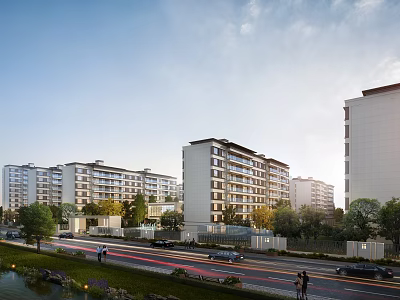 Modern Multi storey Residential Buildings Surrounded By Trees Near Road With Vehicles And Pedestrians 3d model