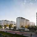 Modern Multi storey Residential Buildings Surrounded By Trees Near Road With Vehicles And Pedestrians
