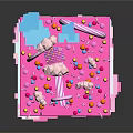 Colorful Cartoon Scene With Pink Platform Blue Building Rainbow Clouds And Candy Decorations