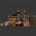 Cartoon Market Stall With Thatched Roof Bamboo Structure Hanging Meats Bread Pastries And Clay Pots