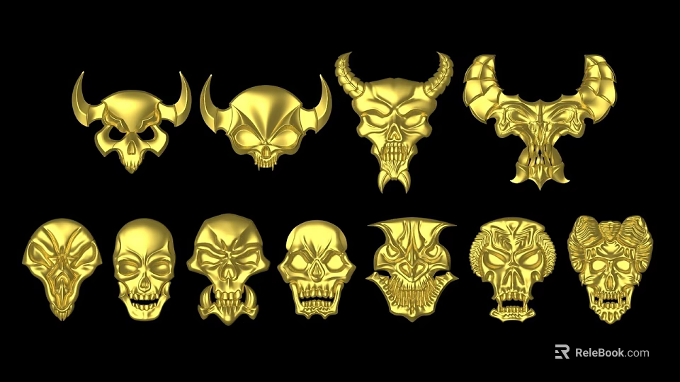 Collection of Golden Skull Sculptures with Diverse Horned and Intricate Designs 3d model 