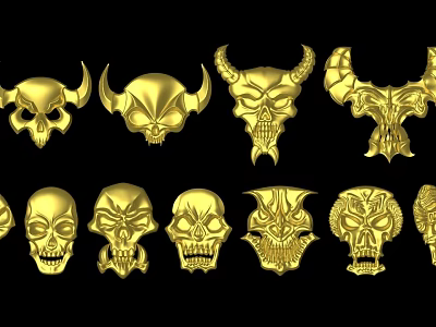 Collection of Golden Skull Sculptures with Diverse Horned and Intricate Designs 3d model