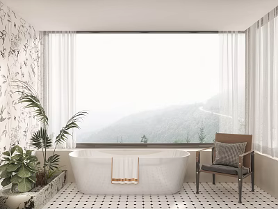 Home Balcony Interior Featuring White Bathtub With Towel Chair Plants Large Window And Mountain View 3d model