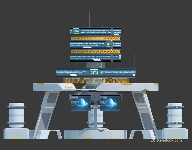 Futuristic Tech Station With Multiple Screens Platform Pillars And Blue Digital Displays 3d model