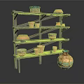 Decorative Ceramic Pots and Vases on Multi Layer Wooden Shelf with Colorful Patterns