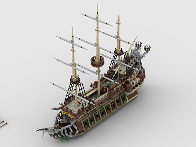 Detailed Building Blocks Sailing Ship Model With Multiple Masts Intricate Hull And Decorative Elements 3d model