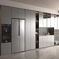 Modern Kitchen Interior With Sleek Gray Sideboard Storage Cabinets And Appliances