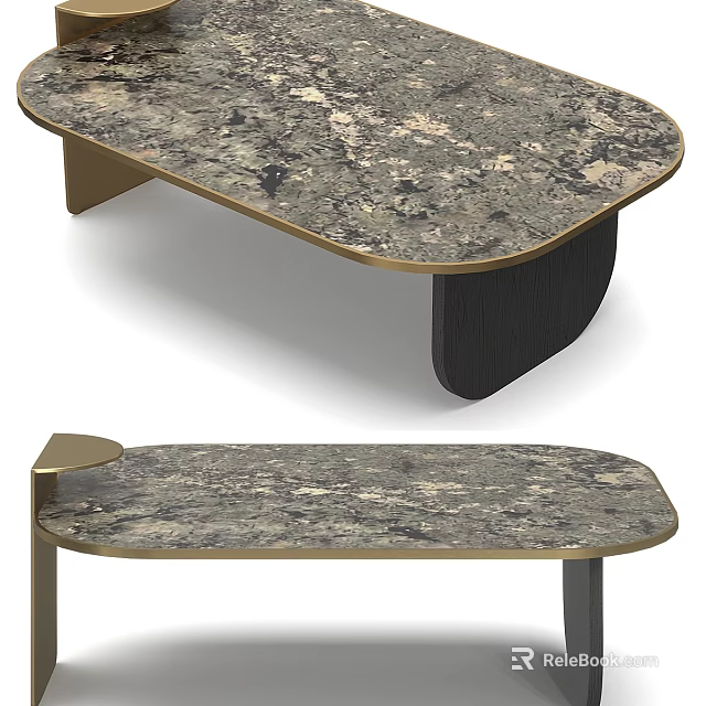 Modern Coffee Table With Gray Veined Marble Top Gold Metal Trim And Black Legs 3d model 