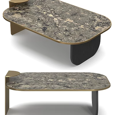 Modern Coffee Table With Gray Veined Marble Top Gold Metal Trim And Black Legs 3d model