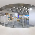 Modern Digital Store Interior With Product Shelves Display Areas And Bright Lighting