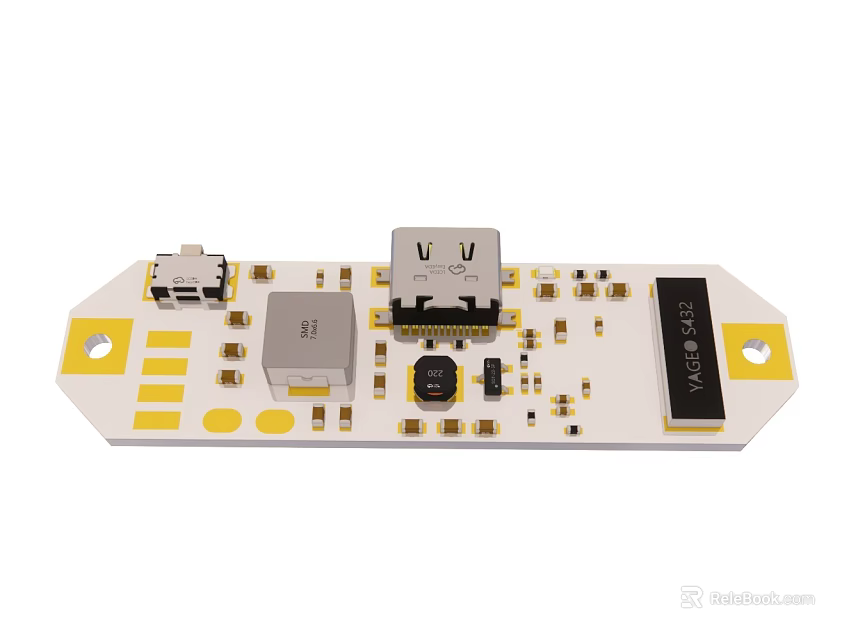 Electronic Circuit Board With USB Interface Yellow Markers Chip And Components 3d model