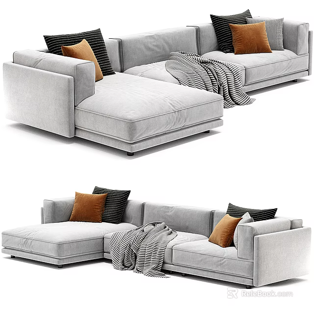 Modern Light Gray Sectional Sofa Design With Brown Black Throw Pillows And Striped Blanket 3d model