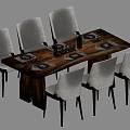Modern Dark Wood Dining Table and Gray Chairs Set with Plates Glasses and Cutlery