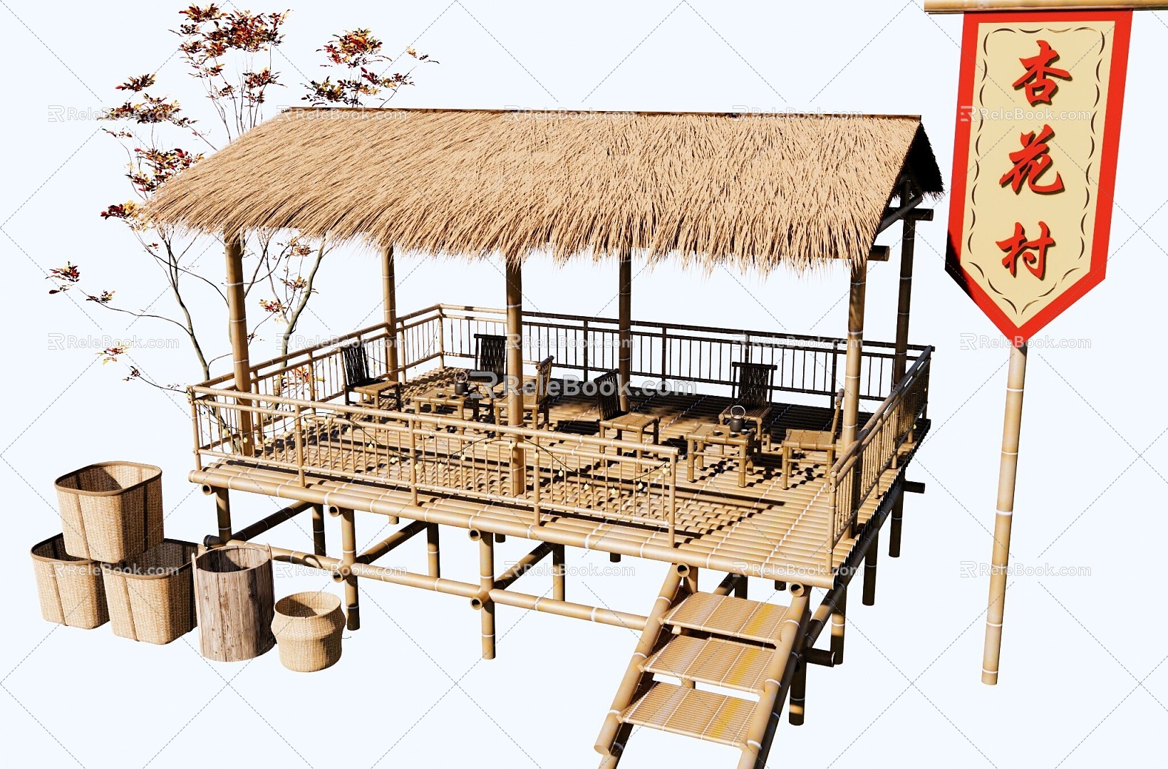 New Chinese-style Country Post Station Country Landscape Corridor Frame New Chinese-style Thatched House Bamboo Daoshou Country Tea House Tea House Tea House model