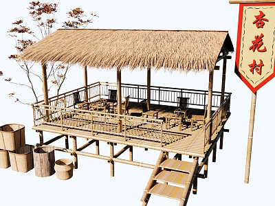 Rural Landscape Featuring Thatched Roof Bamboo Pavilion Wooden Platform And Apricot Blossom Village Banner 3d model