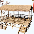 Rural Landscape Featuring Thatched Roof Bamboo Pavilion Wooden Platform And Apricot Blossom Village Banner