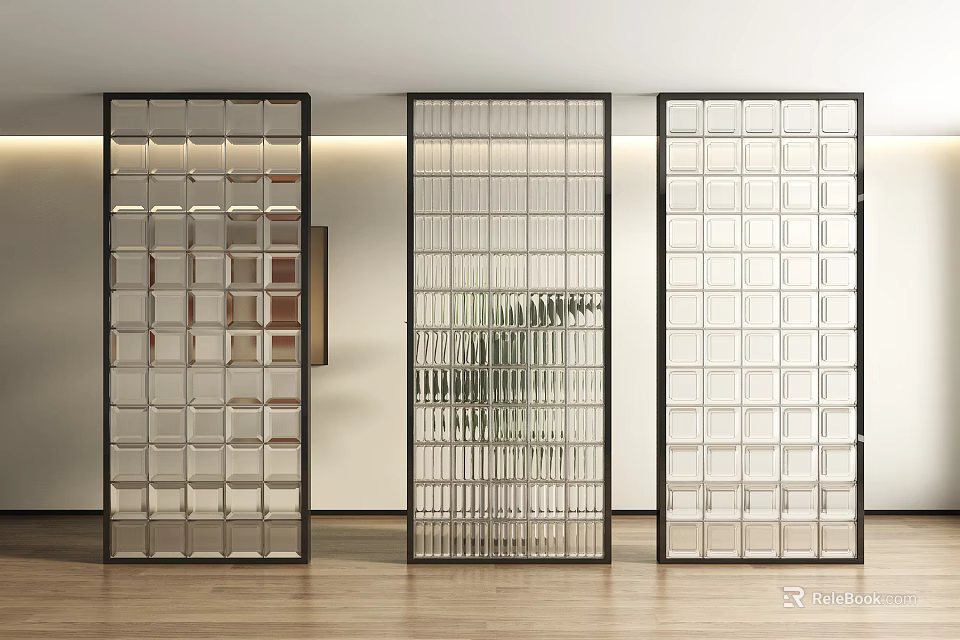 Three Modern Room Dividers with Glass Blocks and Black Frames in Interior Space 3d model 