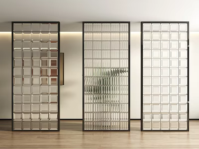 Three Modern Room Dividers with Glass Blocks and Black Frames in Interior Space 3d model