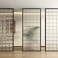 Three Modern Room Dividers with Glass Blocks and Black Frames in Interior Space 3d model