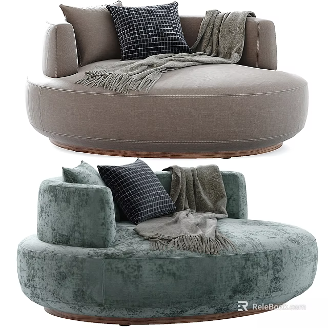 Round Beige And Teal Velvet Ottoman With Cozy Pillows And Soft Blanket Decor 3d model 