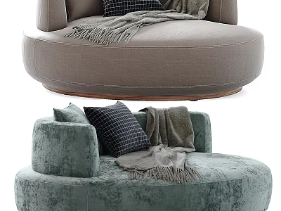 Round Beige And Teal Velvet Ottoman With Cozy Pillows And Soft Blanket Decor 3d model