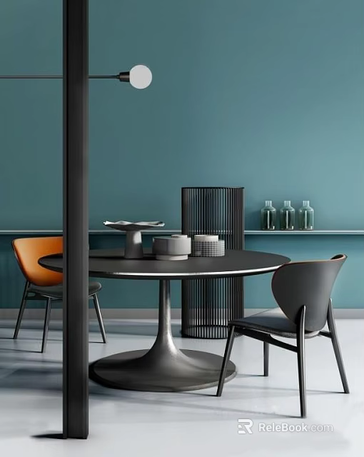 Modern Round Black Dining Table Set With Orange Gray Chairs Teal Wall And Screen 3d model 