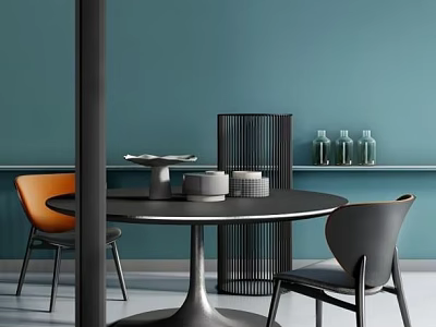 Modern Round Black Dining Table Set With Orange Gray Chairs Teal Wall And Screen 3d model
