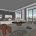 Modern Living Dining Room Featuring Sofa Coffee Table Dining Table Chandelier Large Windows Balcony View 3d model