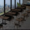 Public Chairs In Modern Restaurant With Green Cushions Wooden Tables And City View