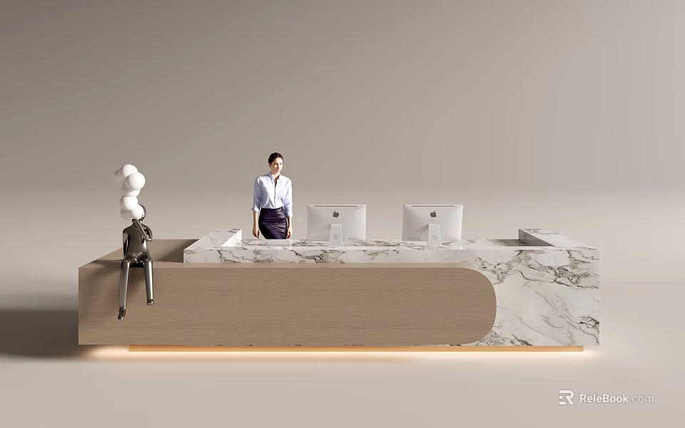 Modern Front Desk Reception With Marble Countertop Wooden Cabinet Two Computers And Receptionist 3d model 