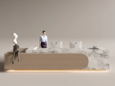 Modern Front Desk Reception With Marble Countertop Wooden Cabinet Two Computers And Receptionist 3d model
