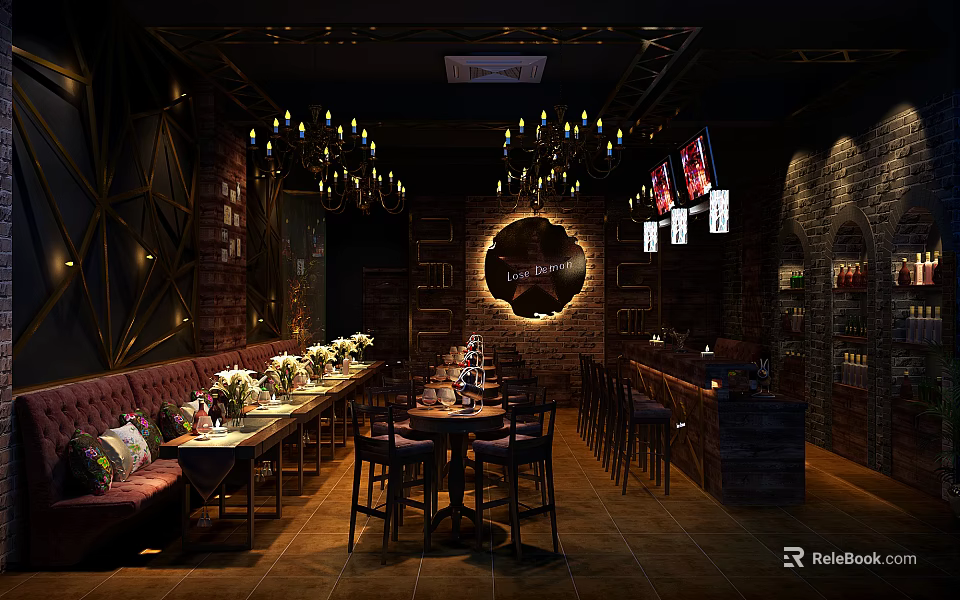Modern Bar Interior Design With Chandeliers Circular Decor Brick Walls And Booth Seating 3d model 