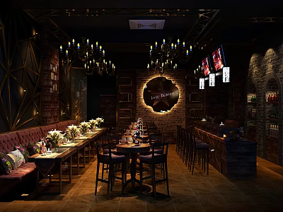 Modern Bar Interior Design With Chandeliers Circular Decor Brick Walls And Booth Seating 3d model