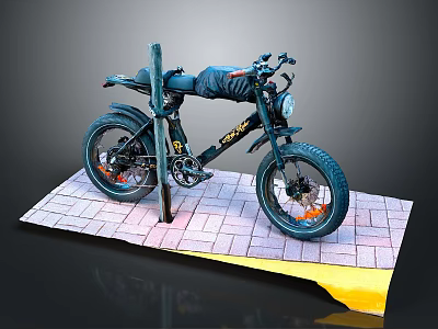 Classic Black Motorcycle With Thick Tires Parked Near Wooden Post On Brick Platform 3d model