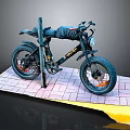 Classic Black Motorcycle With Thick Tires Parked Near Wooden Post On Brick Platform