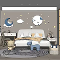 Cozy Children's Room With Moon Star Cloud Decor White Bed Plush Toys And Round Carpet