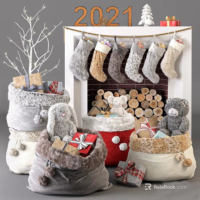 Iron Art Fireplace With Christmas Stockings And Gifts 3d model 