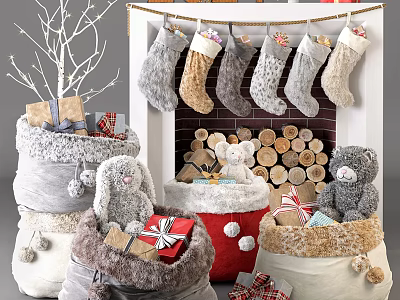 Iron Art Fireplace With Christmas Stockings And Gifts 3d model