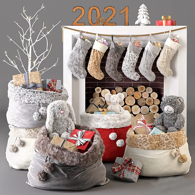 Iron Art Fireplace With Christmas Stockings And Gifts 3d model