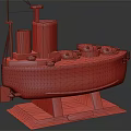 Warship Model with Green Red Camouflage Two Chimneys and Cannons on Wooden Base Named MILAN